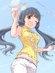  1girl ;d bangs bare_arms bare_shoulders belt belt_buckle black_belt black_hair blue_sky blush brown_eyes buckle center_frills check_character collared_shirt day ddak5843 eyebrows_visible_through_hair frills holding idolmaster kitakami_reika long_hair midriff_peek one_eye_closed open_mouth outdoors pants paper_airplane shirt sky sleeveless sleeveless_shirt smile solo twintails very_long_hair white_pants yellow_shirt 