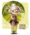  +_+ 1girl brown_eyes commentary dated domino_mask earrings food food_on_head green_umbrella grey_hair grey_kimono hair_ornament haori harutarou_(orion_3boshi) highres holding holding_umbrella hotaru_(splatoon) japanese_clothes jewelry kimono light_blush light_smile long_sleeves looking_at_viewer mask mole mole_under_eye obi object_on_head oriental_umbrella pointy_ears print_kimono sandals sash short_hair solo splatoon splatoon_(series) splatoon_2 standing sushi tabi tentacle_hair umbrella white_legwear wide_sleeves 