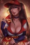 1girl baseball_cap black_eyes breasts brown_hair choker cleavage collarbone deviantart_username ears eating elbow_gloves employee_uniform eyebrows flat_cap food gloves grin hat large_breasts league_of_legends lips looking_at_viewer nail_polish nose olchas patreon_username pizza pizza_delivery_sivir ponytail shirt sivir smile solo t-shirt teeth uniform 