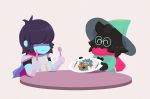  &lt;3 bovid caprine clothing deltarune duo eyes_closed eyewear fork glasses goat hat headgear headwear human knife kris_(deltarune) mammal ralsei scarf scottcok simple_background table video_games white_background 