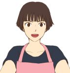  1girl apron bob_cut breasts brown_eyes brown_hair commentary_request gake_no_ue_no_ponyo graphite_(medium) jas lisa_(ponyo) looking_at_viewer open_mouth shirt short_hair simple_background smile solo studio_ghibli traditional_media white_background 