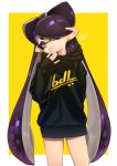  +_+ 1girl aori_(splatoon) arm_behind_back artist_name black_dress black_hair brown_eyes closed_mouth clothes_writing cowboy_shot domino_mask dress earrings head_tilt highres hood hoodie jewelry long_hair looking_at_viewer mask mole mole_under_eye outside_border pointy_ears print_dress puchiman short_dress signature sleeves_past_wrists smile solo splatoon splatoon_(series) splatoon_1 standing star star_earrings sweater sweater_dress tentacle_hair very_long_hair yellow_background 