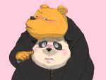  2016 4:3 anthro blush brown_fur clothing duo fur giant_panda hi_res humanoid_hands male mammal overweight overweight_male pink_background shirt simple_background topwear ursid ニッグ39 