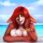  1:1 anthro breasts canid canine cleavage clothed clothing female green_eyes hair hi_res looking_at_viewer mammal miosha open_mouth portrait red_hair solo swimming_pool tongue tongue_out 