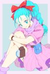  1girl bare_legs blue_eyes blue_hair braid brown_gloves bulma character_name clothes_writing dragon_ball dragon_ball_(classic) dress fanny_pack feet_out_of_frame gloves hair_ribbon head_tilt holding libeuo_(liveolivel) neckerchief outside_border pink_dress purple_legwear purple_neckwear radar red_ribbon ribbon short_dress short_sleeves simple_background single_braid single_glove sitting smile socks solo two-tone_background watch wristwatch 