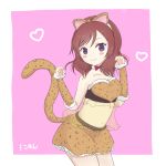  1girl animal_ears animal_print artist_request belt blush cat_ears cat_tail claw_pose clenched clenched_hand female frilled_skirt frills highres leopard_ears leopard_print love_live! love_live!_school_idol_project midriff navel nishikino_maki purple_eyes red_hair short_hair skirt solo tail 