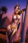  2019 anthro breasts canid canine clothed clothing detailed_background elvofirida female hair hi_res mammal midriff navel outside sky smile solo white_hair yellow_eyes 