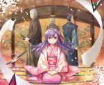  &gt;:) 1girl 3boys alle_gro bangs black_hair blush brown_hakama character_request closed_mouth commentary_request eyebrows_visible_through_hair facing_away fate/grand_order fate_(series) floral_print flower grey_hair hair_between_eyes hair_flower hair_ornament hair_ribbon hakama hands_on_lap indoors japanese_clothes katana kimono long_hair long_sleeves looking_at_viewer matou_sakura multiple_boys obi old_man parvati_(fate/grand_order) petals pink_flower pink_kimono print_kimono profile purple_eyes purple_hair red_ribbon ribbon sash seiza sheath sitting smile socks standing sword unsheathed v-shaped_eyebrows very_long_hair weapon white_legwear wide_sleeves yagyuu_munenori_(fate/grand_order) 