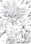  1boy abs black_eyes black_hair clenched_hand commentary_request dirty dirty_clothes dirty_face dragon_ball dragonball_z fighting_stance fingernails frown highres lee_(dragon_garou) looking_at_viewer male_focus monochrome muscle nipples open_mouth shirt shirtless son_gokuu spiked_hair teeth torn_clothes torn_shirt upper_body veins wristband 