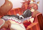  1girl absurdres animal_ears apron black_dress brown_collar brown_footwear brown_gloves commentary_request couch dress fate/grand_order fate_(series) fox_ears fox_girl fox_tail gloves highres huge_filesize maid maid_headdress makise_medaka on_couch paw_gloves paw_shoes paws puffy_short_sleeves puffy_sleeves shoe_soles shoes short_sleeves signature solo tail tail_raised tamamo_(fate)_(all) tamamo_cat_(fate) thighhighs white_apron white_legwear 