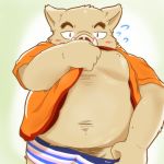  1:1 2016 anthro belly blush clothed clothing humanoid_hands male mammal moobs navel nipples open_shirt overweight overweight_male shirt simple_background solo suid suina sus_(pig) topwear underwear undressing wild_boar ななとん 