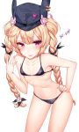  1girl :p bangs bikini black_ribbon blonde_hair blush braid breasts character_name collarbone eyebrows_visible_through_hair girls_frontline hair_ribbon hand_on_hip hand_up hat highres leaning_forward long_hair looking_at_viewer navel painteen purple_bikini purple_eyes purple_headwear ribbon simple_background small_breasts solo sr-3mp_(girls_frontline) stomach swimsuit thighs tongue tongue_out twin_braids twintails very_long_hair white_background 