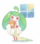  1girl blanket creatures_(company) game_freak gen_2_pokemon gen_7_pokemon nintendo plant_girl pokemon red_eyes steenee teddiursa window 