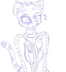  bethesda_softworks breast_squish breasts clothing domestic_cat fallout felid feline felis female hi_res line_art mammal ruanshi shocked solo surprise torn_clothing vault_suit video_games wardrobe_malfunction 