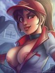  1girl baseball_cap breasts breasts_outside brown_hair choker collarbone ears elbow_gloves employee_uniform flat_cap gloves hat highres large_breasts league_of_legends lips looking_at_viewer nipple_slip nipples nose open_clothes orange_eyes parsujera pizza_box pizza_delivery_sivir ponytail raised_eyebrow shirt sivir solo t-shirt unbuttoned unbuttoned_shirt uneven_eyes uniform 