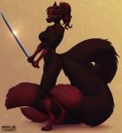  2019 alishka amber_eyes anthro breasts brown_fur canid canine claws digital_media_(artwork) digitigrade dipstick_tail featureless_breasts female fox fur hi_res holding_object holding_weapon mammal melee_weapon multi_tail multicolored_tail nude red_fur solo standing sword toe_claws weapon 