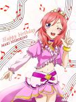  1girl artist_request bangs belt birthday blush bracelet female happy_birthday highres jewelry looking_at_viewer love_live! love_live!_school_idol_project midriff music_s.t.a.r.t!! navel necklace nishikino_maki one_eye_closed open_mouth paw_pose purple_eyes red_hair short_hair skirt smile solo sparkle swept_bangs tiara 