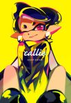  +_+ 1girl aori_(splatoon) artist_name black_footwear black_hair black_jacket character_name commentary cursive domino_mask earrings english_commentary english_text foreshortening grin highres hotaru_(splatoon) jacket jewelry long_hair looking_at_viewer mask mole mole_under_eye one_eye_closed pointy_ears purple_eyes seto_(asils) shoes signature sitting smile solo splatoon splatoon_(series) splatoon_1 tentacle_hair v_arms yellow_background 