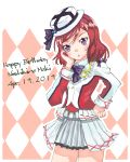  1girl 2019 artist_request bangs birthday black_headwear black_legwear bokura_wa_ima_no_naka_de choker cowboy_shot divas_siva dress_shirt female fingerless_gloves garters gloves grey_eyes hand_on_hips happy_birthday hat highres long_hair looking_at_viewer love_live! love_live!_school_idol_project midriff miniskirt navel nishikino_maki parted_bangs purple_eyes red_gloves red_hair red_skirt shiny shiny_hair shirt short_sleeves skirt smile solo standing thighhighs white_shirt zettai_ryouiki 