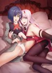  absurdres assisted_exposure bangs bed bed_sheet black_legwear blue_eyes blue_hair bob_cut bow bow_panties commentary_request darling_in_the_franxx dr.beeeee green_eyes grey_jacket grey_skirt hair_ornament hairband headboard highres ichigo_(darling_in_the_franxx) jacket lying military military_uniform on_bed on_side oni_horns open_mouth panties panties_under_pantyhose pantyhose pantyshot pillow pink_hair red_horns red_jacket short_hair skirt skirt_lift smile socks spread_legs underwear uniform white_hairband white_panties yuri zero_two_(darling_in_the_franxx) 