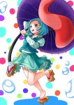  1girl abstract_background arm_behind_head blue_eyes blue_hair blue_skirt blue_vest contrapposto folded_leg forehead geta hara_(user_tvna7732) heterochromia highres holding holding_umbrella juliet_sleeves karakasa_obake long_sleeves looking_away open_mouth petticoat puffy_sleeves red_eyes shirt short_hair skirt solo standing standing_on_one_leg tatara_kogasa toenails touhou umbrella vest water_drop white_shirt 