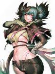  1girl arm_behind_back asymmetrical_gloves asymmetrical_underboob black_hair breasts commentary_request fumio_(rsqkr) gloves green_hair highres light_smile looking_at_viewer medium_breasts mole navel short_hair short_shorts shorts simple_background solo soul_calibur tira_(soulcalibur) twintails underboob white_background 