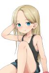  arm_support arm_up bangs bare_arms bare_shoulders black_tank_top blonde_hair blue_eyes blue_shorts blush borrowed_character closed_mouth collarbone commentary_request eyebrows_visible_through_hair fang fang_out forehead highres long_hair looking_at_viewer original parted_bangs pink_scrunchie scrunchie short_shorts shorts simple_background sitting smile solo tank_top very_long_hair white_background wrist_scrunchie yakihebi 