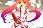  1girl :3 bodysuit breasts buster_machine_7 gainaxtop glowing glowing_hair long_hair medium_breasts navel nono_(top_wo_nerae_2!) orange_hair red_eyes smile solo top_wo_nerae_2! tsurumaki_kazuya unzipped very_long_hair white_bodysuit 