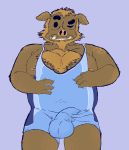  absurd_res anthro bulge clothed clothing deetr ear_piercing fur hi_res looking_at_viewer male mammal navel nipples one_eye_closed overweight overweight_male piercing simple_background slightly_chubby smile solo suid suina sus_(pig) wild_boar wink wrestling_singlet 