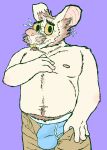  absurd_res anthro blush briefs bulge clothed clothing deetr eyewear fur glasses hi_res looking_at_viewer male mammal murid murine navel nipples rat rodent simple_background smile solo topless underwear 