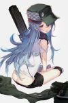  1girl ass assault_rifle blue_hair brown_eyes butt_crack commentary english_commentary from_behind full_body g11_(girls_frontline) girls_frontline grey_background gun h&amp;k_g11 hair_between_eyes hat highres indian_style knee_pads long_hair looking_back messy_hair nakamura_takeshi parted_lips rifle shoes short_shorts shorts simple_background sitting sneakers solo strap_slip tank_top teardrop weapon 