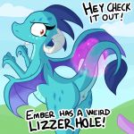  1:1 2019 angry animal_genitalia assisted_exposure cloaca dragon female friendship_is_magic hi_res looking_back magic my_little_pony outside princess_ember_(mlp) raised_tail red_eyes scalie tjpones unseen_character 