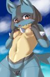  areola blush breasts butt_from_front camel_toe clitoris clothing cute_fangs female g-string kemosara looking_at_viewer lucario navel nintendo nipples open_mouth outside pok&eacute;mon pok&eacute;mon_(species) pussy red_eyes small_breasts smile standing underwear video_games young 