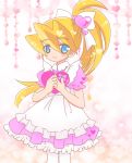  1girl alternate_costume blonde_hair blue_eyes blush bow box ciel_(rockman) dress eyebrows_visible_through_hair female frilled_dress frills hair_bow hair_ornament heart heart-shaped_box high_ponytail highres kirby_2001_10_6 long_hair puffy_short_sleevers rockman rockman_zero smile solo valentine 