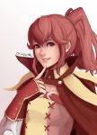  1girl anna_(fire_emblem) cape cm_lynarc commentary finger_to_face fingerless_gloves fire_emblem fire_emblem:_kakusei gloves highres index_finger_raised nintendo open_mouth ponytail popped_collar red_cape red_eyes red_hair simple_background smile solo 
