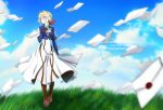  1girl aoi_(kiyokiyoaomushi) blonde_hair blue_eyes blue_jacket blue_sky blurry blurry_background braid brown_footwear brown_gloves cloud crown_braid error full_body gloves hair_between_eyes hair_ribbon high-waist_skirt jacket letter long_skirt long_sleeves looking_to_the_side red_ribbon ribbon short_hair skirt sky solo standing violet_evergarden violet_evergarden_(character) white_skirt 