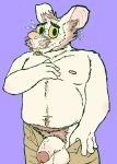  absurd_res anthro balls blush clothed clothing deetr eyewear foreskin fur glasses hi_res humanoid_penis looking_at_viewer male mammal murid murine navel nipples penis rat rodent simple_background slightly_chubby smile solo topless uncut undressing 