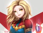  1girl blonde_hair blue_eyes bodysuit breasts captain_marvel clenched_hand commentary english_commentary gloves lips looking_at_viewer marvel medium_breasts red_gloves reizdrawing skin_tight smile solo superhero 