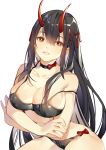  1girl absurdres arms_under_breasts azur_lane bangs bikini black_bikini black_bra black_hair blush bra breasts choker collarbone hair_between_eyes highres horns large_breasts long_hair looking_at_viewer misazro oni_horns parted_lips sidelocks simple_background solo strap_slip suzuya_(azur_lane) swimsuit underwear underwear_only white_background yellow_eyes 