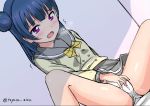  1girl bangs blue_hair blush eyebrows_visible_through_hair fingering fingering_through_clothes fingering_through_panties hair_between_eyes hair_bun hand_on_own_crotch highres long_hair long_sleeves love_live! love_live!_sunshine!! masturbation masturbation_through_clothing open_mouth panties pussy_juice red_eyes school_uniform serafuku shadow side_bun signature sitting skirt solo spread_legs through_clothes toyasu_aina trembling tsushima_yoshiko underwear uranohoshi_school_uniform wall white_panties 