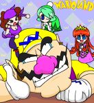  1boy 3girls angry big_nose blue_eyes breasts brown_hair captain_syrup cleavage crown dress earrings facial_hair ghost gloves green_dress green_hat happy hat jewelry long_hair mario_(series) multiple_girls mustache nintendo orange_hair pink_dress princess_shokora queen_merelda smile teeth wario wario_land wario_land_shake_it white_gloves wink 