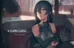  1boy 1girl bangs beata_(walzrj) blue_eyes blue_hair bridal_gauntlets cafe dress grey_dress hair_between_eyes indoors long_hair looking_at_another menu original pointing pointy_ears sidelocks sitting table very_long_hair walzrj window 