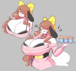  2019 anthro big_breasts blep blush blush_stickers breasts brown_hair canid canine canis cleavage clothed clothing domestic_dog eyes_closed female food grey_background hair hair_bow hair_ribbon hand_on_face hi_res holding_food holding_object holly_applebee huge_breasts long_hair mammal muffin musical_note open_mouth open_smile ribbons simple_background smile solo theycallhimcake tongue tongue_out yellow_eyes 