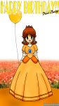  1girl balloon bangs blue_eyes breasts brown_hair dress earrings flower flower_earrings gem gloves highres jewelry looking_at_viewer mario_(series) nintendo orange_dress princess_daisy smile solo super_mario_land tomboy white_gloves 