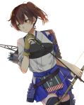  1girl apron arrow black_legwear blue_skirt bou_(wataame) bow_(weapon) brown_gloves brown_hair cowboy_shot dutch_angle gloves hakama_skirt holding holding_arrow holding_bow_(weapon) holding_weapon kaga_(kantai_collection) kantai_collection long_hair looking_to_the_side muneate quiver shield side_ponytail simple_background single_glove skirt solo tasuki thighhighs weapon white_background yellow_eyes yumi_(bow) 