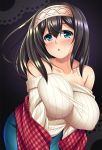  1girl bangs bare_shoulders bent_over black_hair blue_eyes blush breast_hold breasts collarbone eyebrows_visible_through_hair hair_between_eyes hairband huge_breasts idolmaster idolmaster_cinderella_girls impossible_clothes impossible_sweater long_hair mirisha off_shoulder ribbed_sweater sagisawa_fumika shawl simple_background solo sweater 
