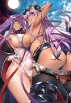  2girls :p armpits ass bb_(fate)_(all) bb_(swimsuit_mooncancer)_(fate) belt bikini black_coat blush breasts commentary_request cover cover_page dual_persona fate/grand_order fate_(series) fingerless_gloves gloves gyaru hair_ornament highleg highleg_leotard kamaboko_(ossann0125) large_breasts leotard multiple_girls purple_bikini purple_eyes purple_hair purple_ribbon ribbon shorts sideboob star star_hair_ornament studded_belt sunglasses swimsuit tan tongue tongue_out white_leotard 