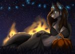  anthro arm_support auya breasts canid canine canis digital_media_(artwork) female fire food fruit green_eyes hair hand_on_hip hi_res jewelry lights long_hair looking_at_viewer mammal necklace night outside pumpkin reclining rudzik sky smile solo star starry_sky wolf 