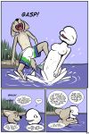  anna_(study_partners) anthro beluga breasts canid canine canis cetacean cetacean_pussy clothing comic coyote delphinoid english_text female fur hi_res jake_(study_partners) male mammal marine medium_breasts monodontid non-mammal_breasts partially_submerged slit study_partners swimming_trunks swimwear tan_fur text thunderouserections toothed_whale 