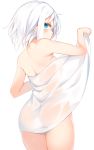  1girl ass blue_eyes breasts closed_mouth from_behind holding holding_towel legs_together looking_at_viewer looking_back nude original otokuyou ringo-chan_(otokuyou) see-through short_hair sidelocks simple_background small_breasts solo standing sweat towel white_background white_hair white_towel 